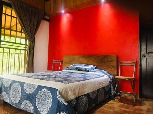 1 dormitorio con una pared roja, 1 cama y 2 sillas en Villa Toscana, en Santa Rosa