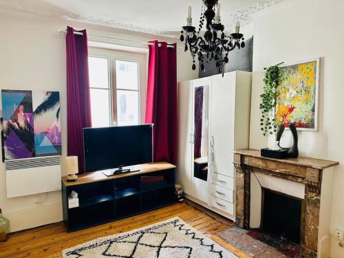 a living room with a tv and a fireplace at Studio animé et nifty à Paris/Denfert Rochereau in Paris