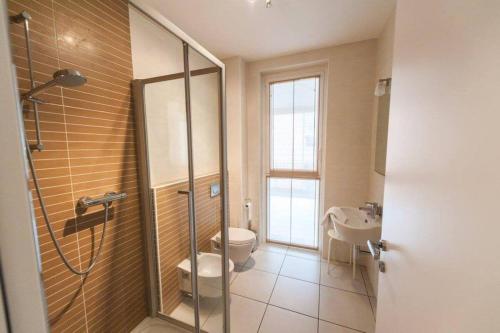 a bathroom with a shower and a toilet and a sink at 4 bedroom apartment with pool & jacuzzi in Maccagno Inferiore