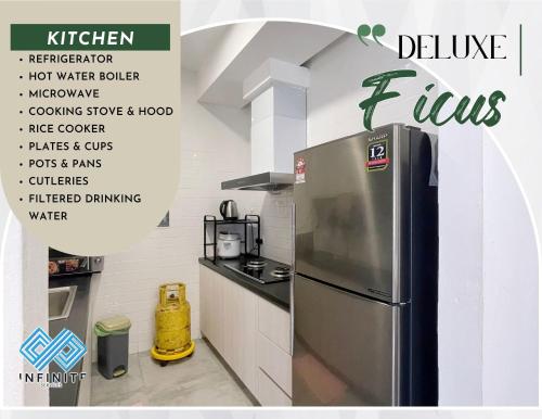 a flyer of a kitchen with a stainless steel refrigerator at Roxy Sematan Beach Townhouse Deluxe , 1 & 2 in Sematan