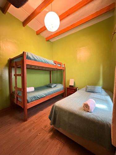 a bedroom with two bunk beds and a cat laying on the bed at Cabañas Pewma Futrono in Futrono