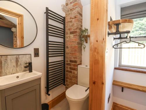 a bathroom with a toilet and a mirror at Molly's Cottage in Malton