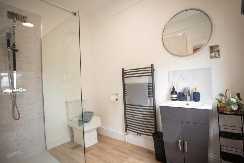 a bathroom with a shower and a toilet and a sink at Aqua nest Eastbourne in Eastbourne