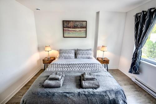 a bedroom with a large bed with two lamps at Appartment 2BR 4 beds AC wi-Fi Smart TV FreeParking in Laval