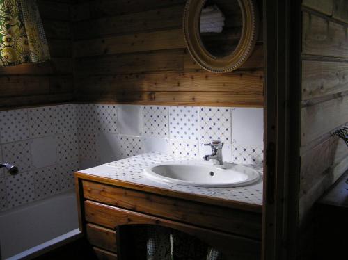 La salle de bains est pourvue d'un lavabo et d'un miroir. dans l'établissement Residences Du Golf Des Roucous, à Sauveterre