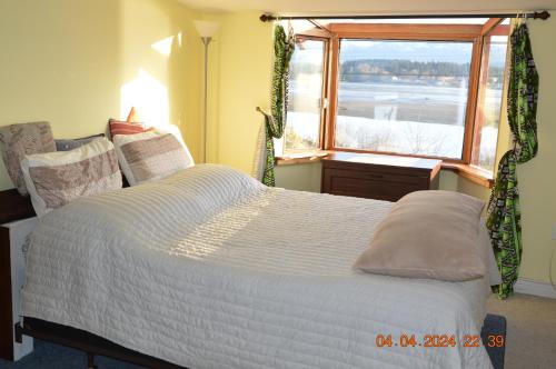 a bedroom with a large bed with a window at Estuary House Reflexology B&B in Courtenay