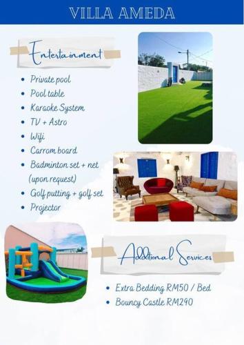 a collage of pictures of furniture and a menu at Villa Ameda Homestay @ Sg Sembilang in Jeram