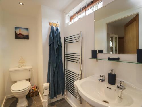 a bathroom with a white toilet and a sink at The Garden House in Chirnside