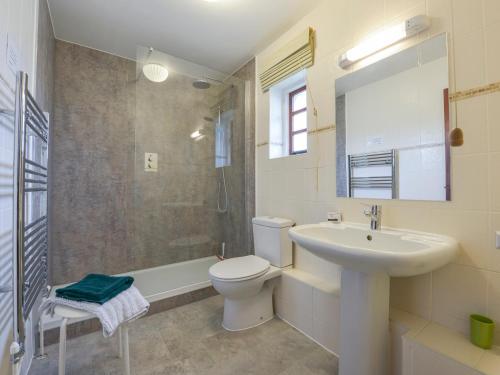 a bathroom with a toilet and a sink and a shower at Ludgate Cottage in Bovey Tracey