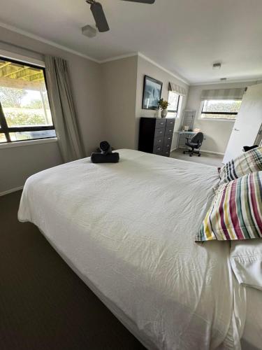 a large white bed in a bedroom with windows at Coastal Golf & Spa Guesthouse in Mount Maunganui