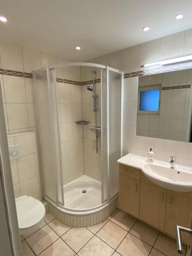 e bagno con doccia, servizi igienici e lavandino. di Traumapartment Haus Stoertebeker - Strandnah und trotzdem zentral a Westerland