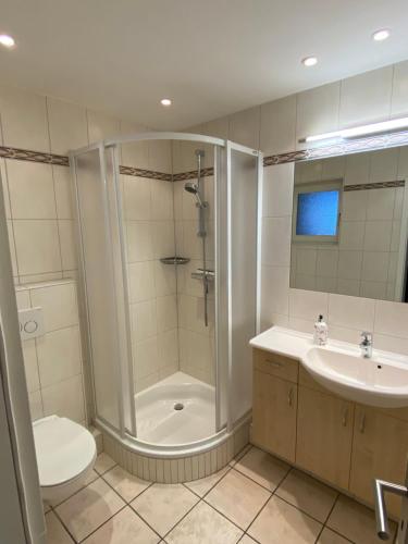 a bathroom with a shower and a toilet and a sink at Traumapartment Haus Stoertebeker - Strandnah und trotzdem zentral in Westerland