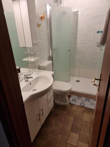 W łazience znajduje się umywalka, toaleta i prysznic. w obiekcie Haus Rosi w mieście Friedrichskoog-Spitz