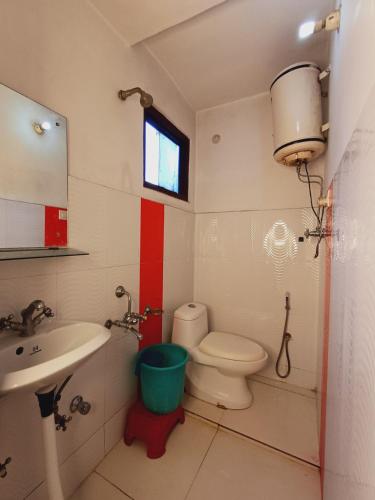 een badkamer met een wit toilet en een wastafel bij HOTEL NEW AASHIYANA in Srinagar