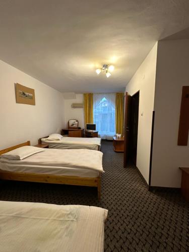 una camera d'albergo con tre letti e una finestra di Alesiv a Cluj-Napoca