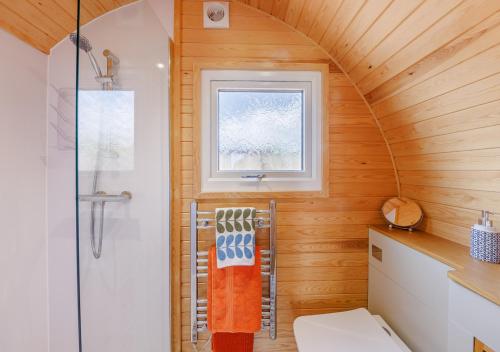 a small bathroom with a toilet and a window at Gladur in Cyffylliog
