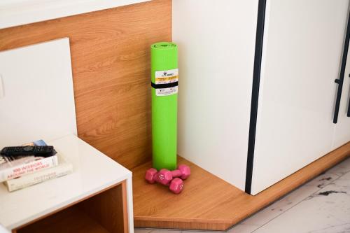 a green thermometer sitting next to a white door at RUBO Hotel in Shumen