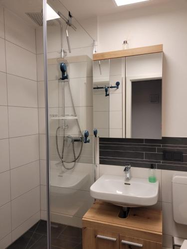 a bathroom with a sink and a shower at Fewo Alpenblick | Pool | Bergblick in Berchtesgaden