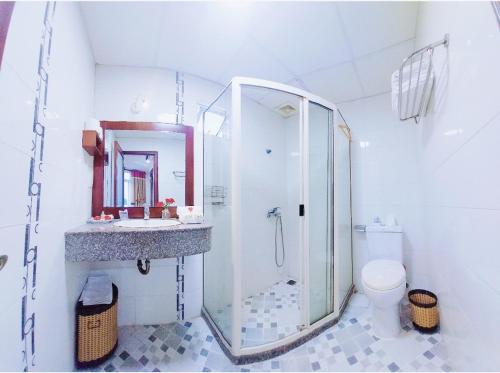 a bathroom with a shower and a sink and a toilet at Kim Yen Hotel in Ho Chi Minh City