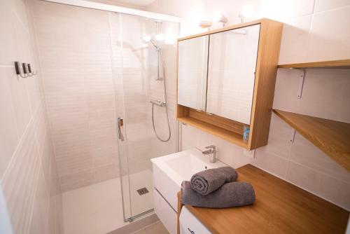 une salle de bain avec un lavabo et une douche avec un miroir dans l'établissement T3 Escale à Giens, à Hyères