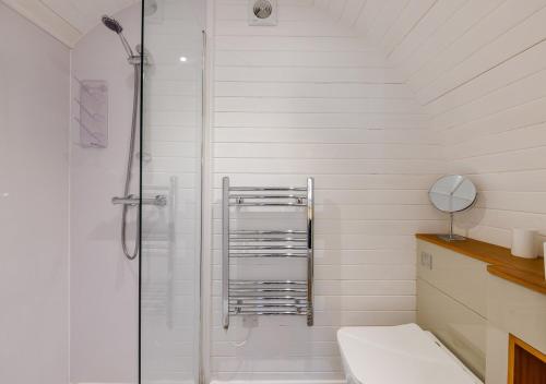 uma casa de banho branca com um chuveiro e um WC. em Corris em Cyffylliog
