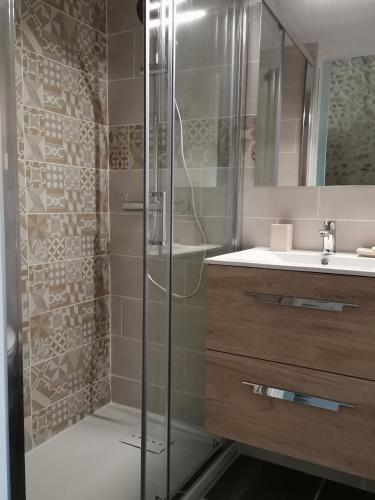 une salle de bain avec douche et lavabo dans l'établissement Le Domaine de Tini, à Violès