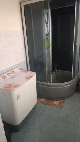 La salle de bains est pourvue d'une douche et d'une baignoire. dans l'établissement Ulan Guest House, à Akkyya