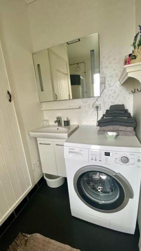 a washing machine in a bathroom with a sink at Green Forest Oasis & Sea in Strömstad
