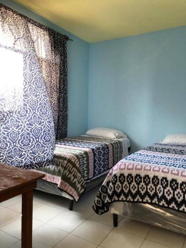 two beds in a room with blue walls and a window at Casa Mendoza Santiago Atitlan in Sololá