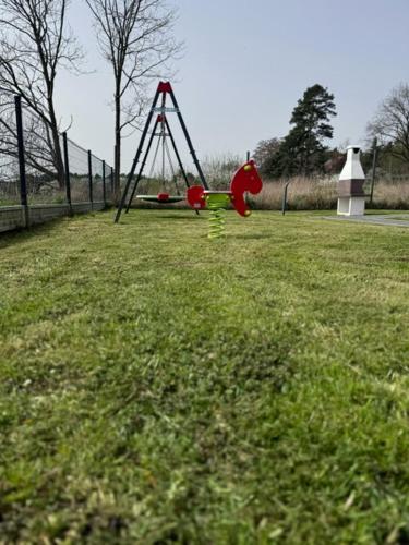 a swing set in a field of green grass at Sosnowy Zakątek Stegna- wędkowanie, rowery, plac zabaw in Stegna