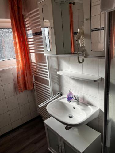 a bathroom with a sink and a mirror at Apartment Bakenweg für maximal 4 Personen in Norden