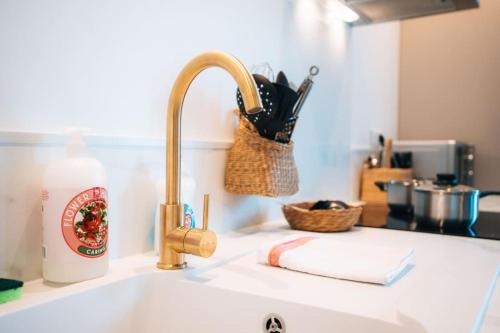 - un évier de cuisine avec un robinet et une serviette dans l'établissement Le Berry Chic • Raffiné & Spacieux • Proche Gare, à Châteauroux