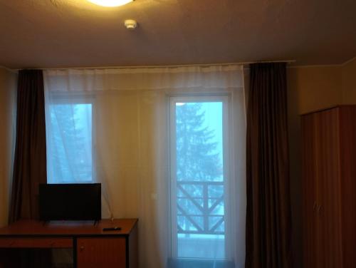a room with a window with a view of a tree at Pensiunea Cabana Art in Arieşeni