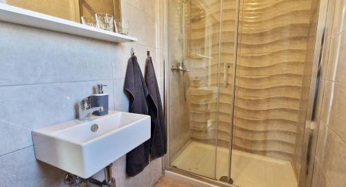 La salle de bains est pourvue d'un lavabo et d'une douche. dans l'établissement Beautiful Villa Casa Romito with pool in Kastelir, à Kaštelir