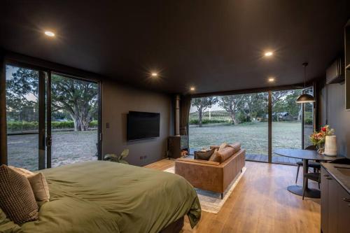 a bedroom with a bed and a couch and a television at Luxury Vineyard Cabin Escape in McLaren Flat