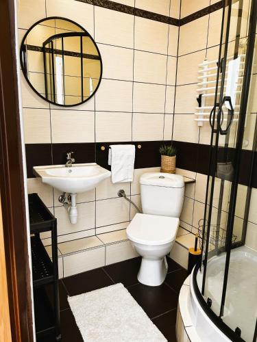 a bathroom with a toilet and a sink at Pokoje Gościnne Malinówka in Krościenko