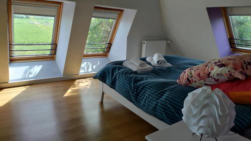 sypialnia z łóżkiem i 2 oknami w obiekcie Au coeur des marais w mieście Varaville