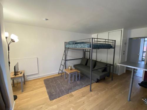 un salon avec un lit superposé et un canapé dans l'établissement Appartement Nancy, à Nancy