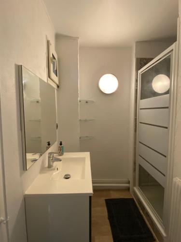 une salle de bain blanche avec un lavabo et une douche dans l'établissement Appartement Nancy, à Nancy