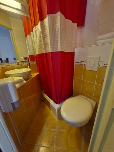 a bathroom with a toilet and a red curtain at Hôtel du Parc Limoges & Restaurant "Le temps d'une pause" in Limoges
