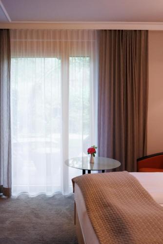 a hotel room with a window and a table with a flower on it at Weinlandhof in Gamlitz