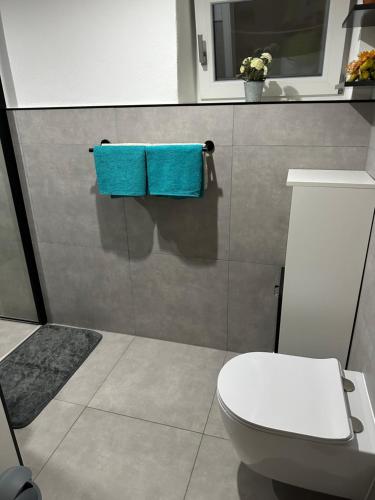 La salle de bains est pourvue de toilettes et d'une serviette bleue. dans l'établissement Ferienwohnung Familie Dietze, à Hohenpeißenberg
