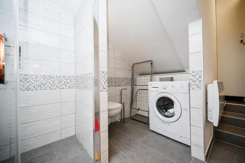 a bathroom with a washing machine and a toilet at Seafront Apartment Ičići in Ičići
