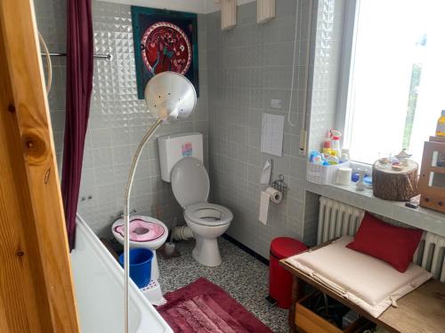 a small bathroom with a toilet and a bath tub at Nördlingen im Ries - Königsbergerstr. - kleines Gästezimmerchen in Nördlingen