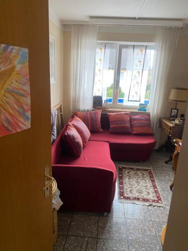 ein Wohnzimmer mit einem roten Sofa und einem Fenster in der Unterkunft Nördlingen im Ries - Königsbergerstr. - kleines Gästezimmerchen in Nördlingen