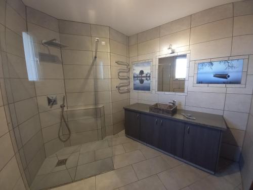 een badkamer met een douche, een wastafel en een spiegel bij Hideaway Villa in Phrenaros