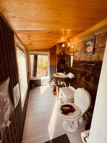 a bathroom with a toilet and a sink at The Hideout Log Cabin- 2km to Klarälvsbanan and swimming area in Munkfors
