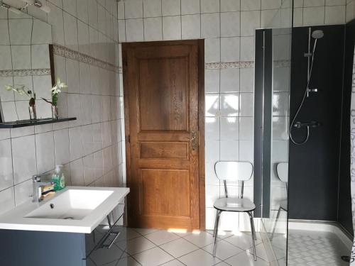 a bathroom with a sink and a wooden door at DOMAINE du MOULIN in Saint-Avold