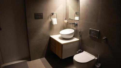 ein Badezimmer mit einem weißen Waschbecken und einem WC in der Unterkunft Art Cave Studio in Jaipur