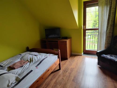 sypialnia z łóżkiem, telewizorem i oknem w obiekcie Lwi dworek LD w mieście Jarosław